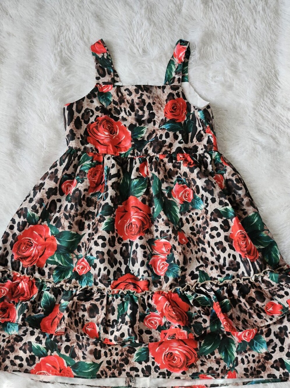 Lola + The Boys Floral Rose & Leopard Print Sundress - Red and Green 11/12